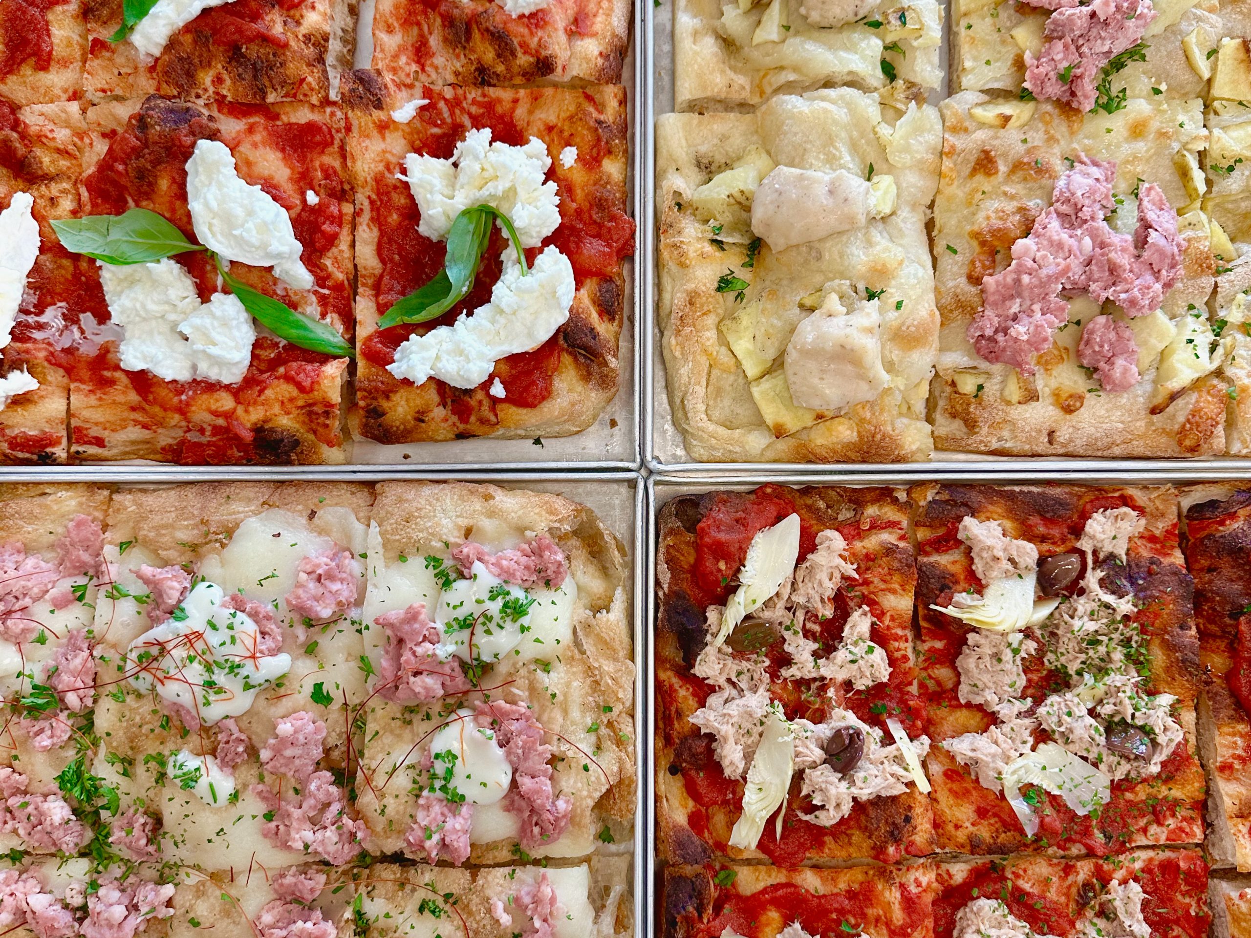 Diverse farciture di pizza al taglio - Staglio Lugano Diverse farciture di pizza al taglio - Staglio Lugano