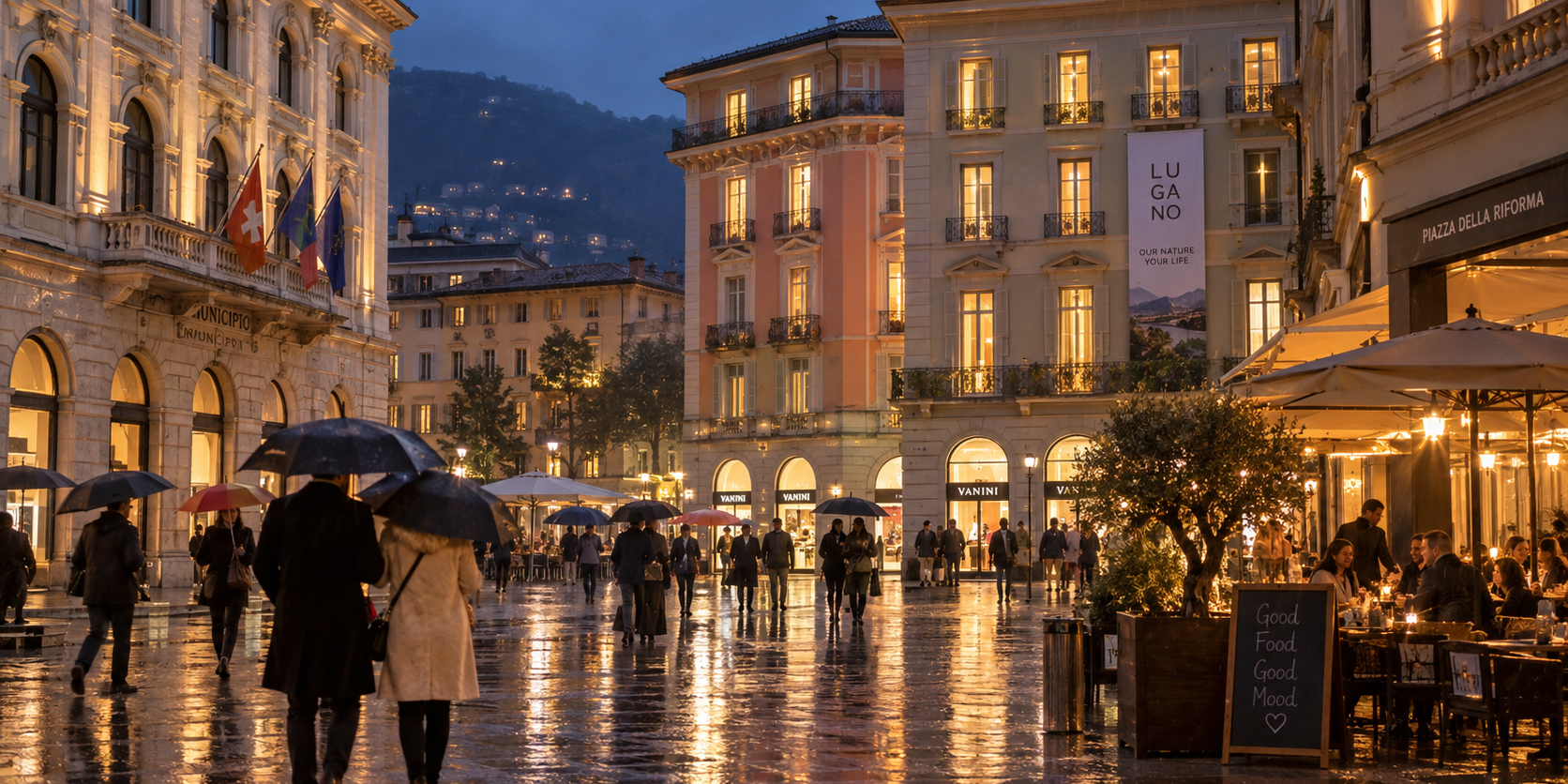 Lugano, Piazza Riforma sotto la pioggia