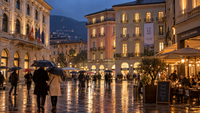 Lugano, Piazza Riforma sotto la pioggia